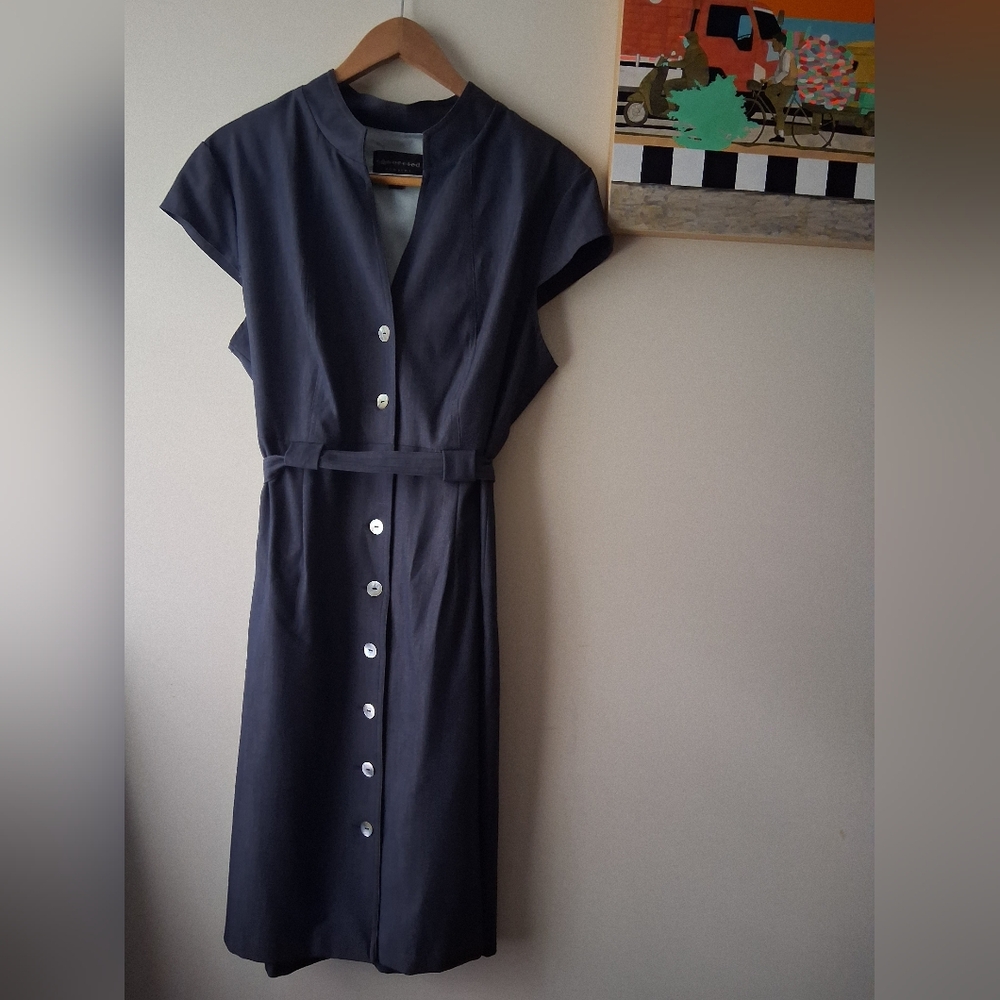 Connected Apparel Charcoal Button-Down Midi Dress